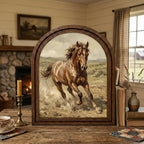 Arched Brown Horse Frame, Country Farmhouse Decor, Running Horse Art, Rustic Wood Frame, Canvas Farm Art, 3D Layered Frame, Horse Lover Gift