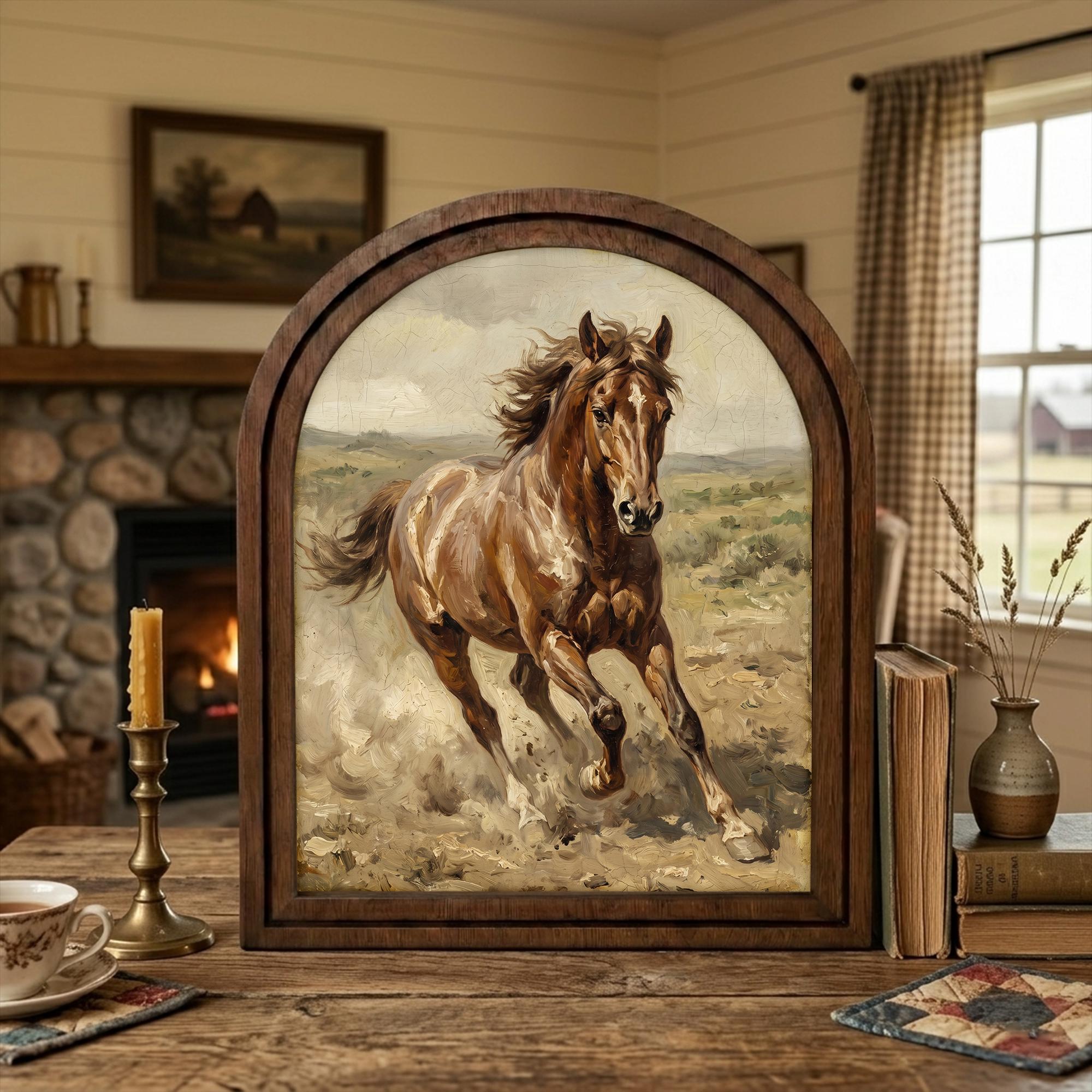Arched Brown Horse Frame, Country Farmhouse Decor, Running Horse Art, Rustic Wood Frame, Canvas Farm Art, 3D Layered Frame, Horse Lover Gift