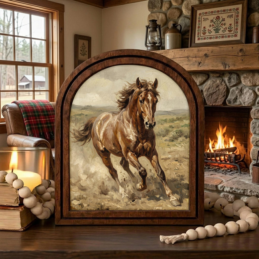 Arched Brown Horse Frame, Country Farmhouse Decor, Running Horse Art, Rustic Wood Frame, Canvas Farm Art, 3D Layered Frame, Horse Lover Gift