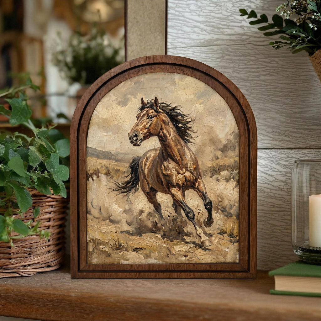 Arched Brown Horse Frame, Country Farmhouse Decor, Running Horse Art, Rustic Wood Frame, Canvas Farm Art, 3D Layered Frame, Horse Lover Gift