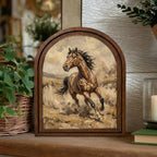 Arched Brown Horse Frame, Country Farmhouse Decor, Running Horse Art, Rustic Wood Frame, Canvas Farm Art, 3D Layered Frame, Horse Lover Gift