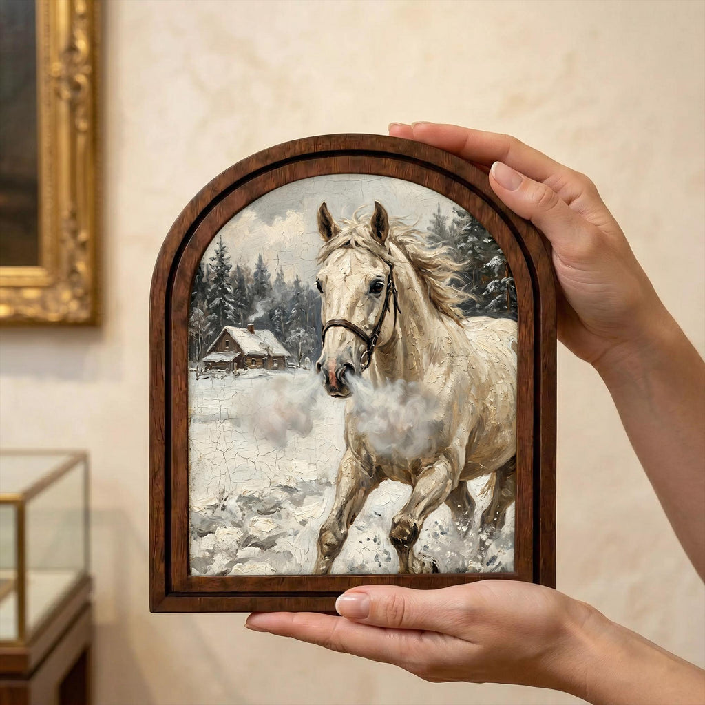 Arched White Horse Frame, Winter Countryside Decor, Running Horse Art, Rustic Wood Frame, Canvas Farm Art, 3D Layer Frame, Horse Lover Gift