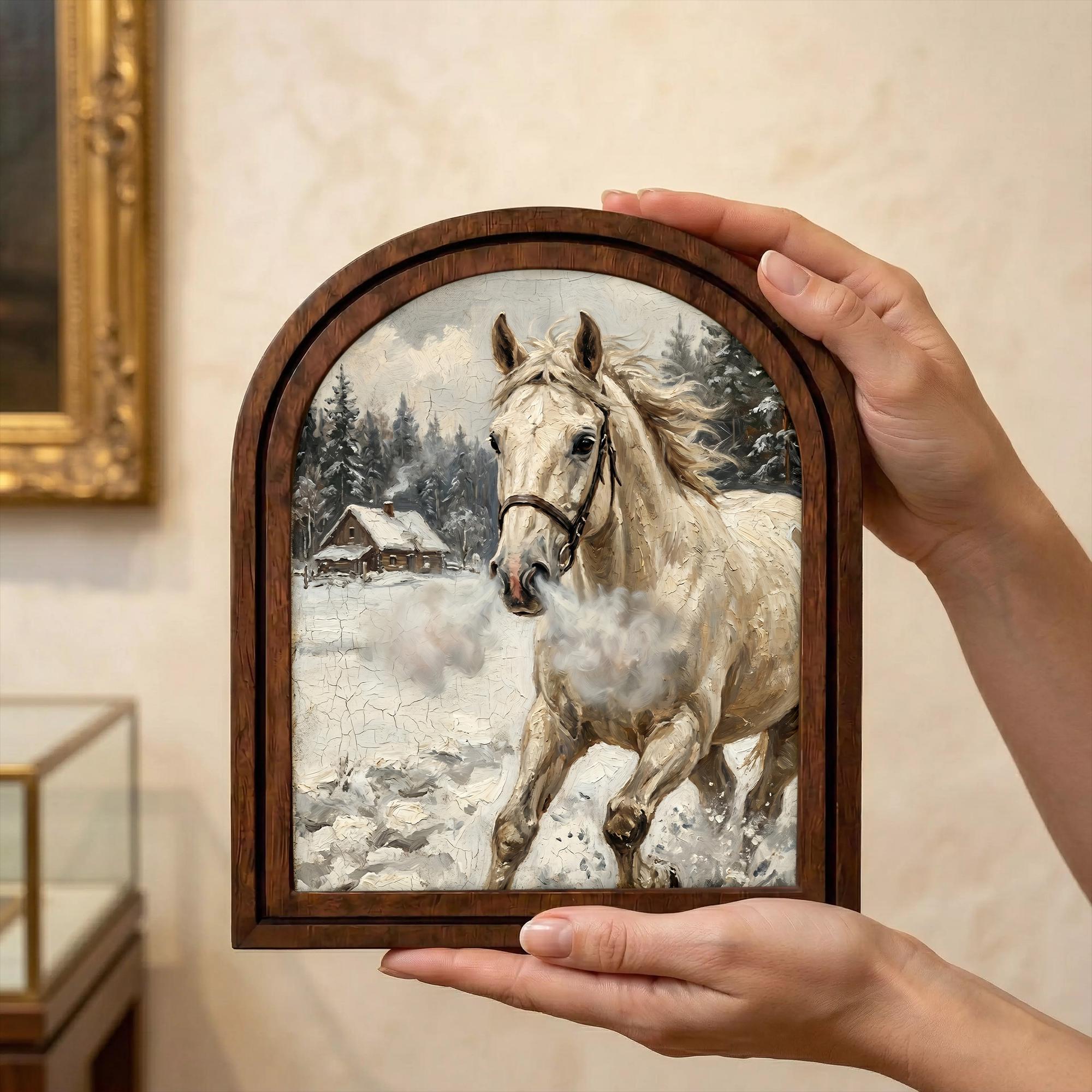 Arched White Horse Frame, Winter Countryside Decor, Running Horse Art, Rustic Wood Frame, Canvas Farm Art, 3D Layer Frame, Horse Lover Gift