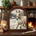 Arched White Horse Frame, Winter Countryside Decor, Running Horse Art, Rustic Wood Frame, Canvas Farm Art, 3D Layer Frame, Horse Lover Gift