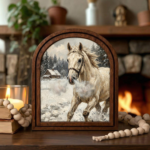 Arched White Horse Frame, Winter Countryside Decor, Running Horse Art, Rustic Wood Frame, Canvas Farm Art, 3D Layer Frame, Horse Lover Gift