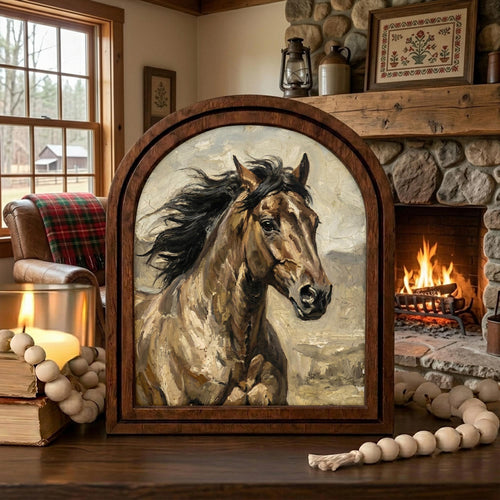 Arched Brown Horse Frame, Country Farmhouse Decor, Wooden Horse Art, Rustic Wood Frame, Canvas Farm Art, 3D Layered Frame, Horse Lover Gift