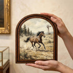 Arched Brown Horse Frame, Running Horse Art, Windmill Ranch Decor, Rustic Wood Frame, Canvas Farm Art, 3D Layered Frame, Horse Lover Gift