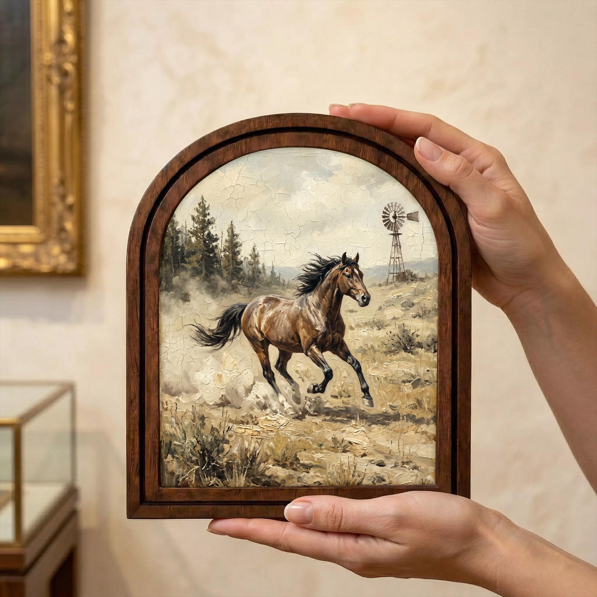 Arched Brown Horse Frame, Running Horse Art, Windmill Ranch Decor, Rustic Wood Frame, Canvas Farm Art, 3D Layered Frame, Horse Lover Gift