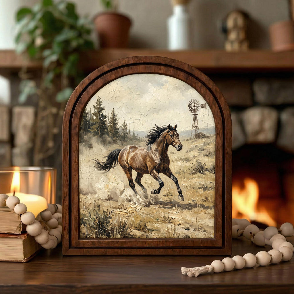 Arched Brown Horse Frame, Running Horse Art, Windmill Ranch Decor, Rustic Wood Frame, Canvas Farm Art, 3D Layered Frame, Horse Lover Gift