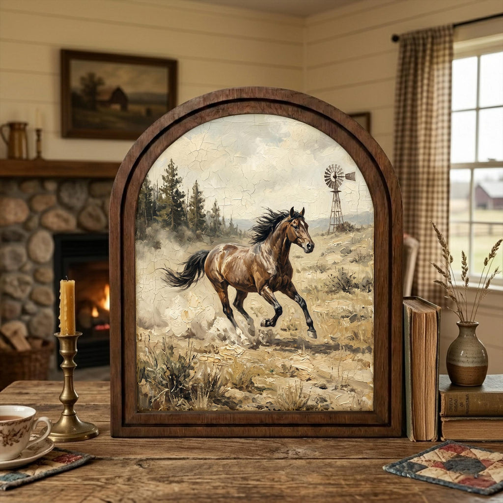 Arched Brown Horse Frame, Running Horse Art, Windmill Ranch Decor, Rustic Wood Frame, Canvas Farm Art, 3D Layered Frame, Horse Lover Gift