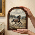Arched Brown Horse Frame, Country Farmhouse Decor, Running Horse Art, Rustic Wood Frame, Canvas Farm Art, 3D Layered Frame, Horse Lover Gift