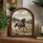 Arched Brown Horse Frame, Country Farmhouse Decor, Running Horse Art, Rustic Wood Frame, Canvas Farm Art, 3D Layered Frame, Horse Lover Gift