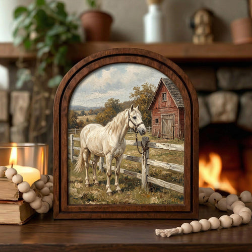 Arched White Horse Frame, Red Barn Ranch Decor, Wooden Horse Art, Rustic Wood Frame, Canvas Farm Art, 3D Layered Frame, Horse Lover Gift
