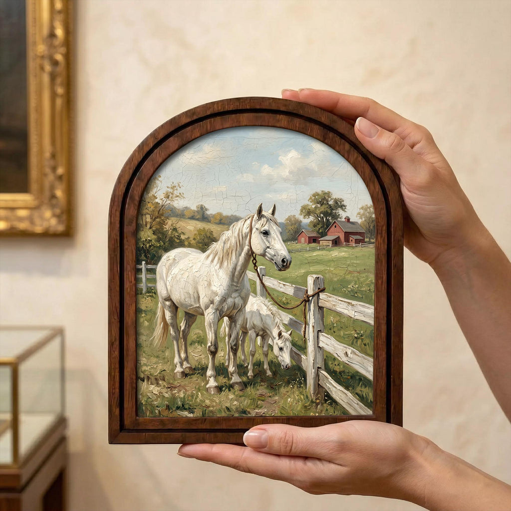 Arched White Horse Frame, Red Barn Ranch Decor, Wooden Horse Art, Rustic Wood Frame, Canvas Farm Art, 3D Layered Frame, Horse Lover Gift