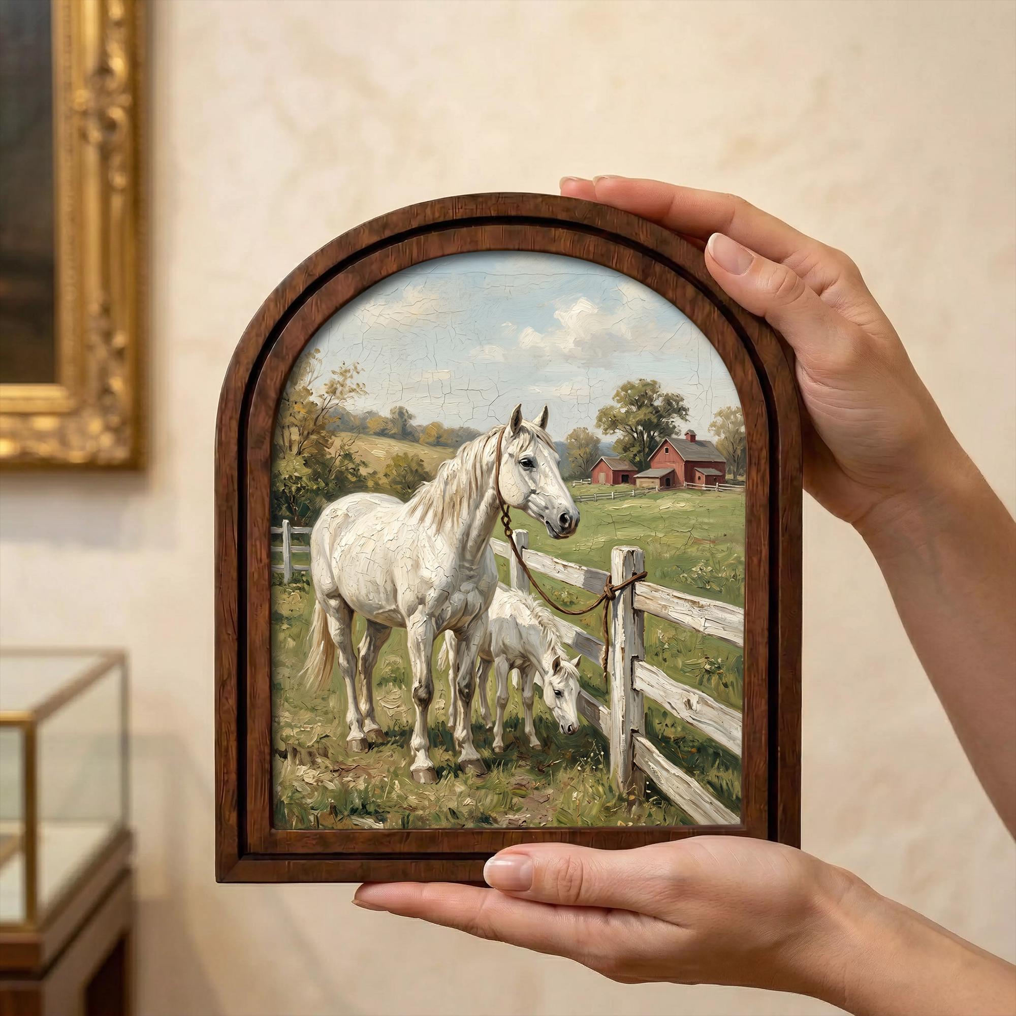 Arched White Horse Frame, Red Barn Ranch Decor, Wooden Horse Art, Rustic Wood Frame, Canvas Farm Art, 3D Layered Frame, Horse Lover Gift