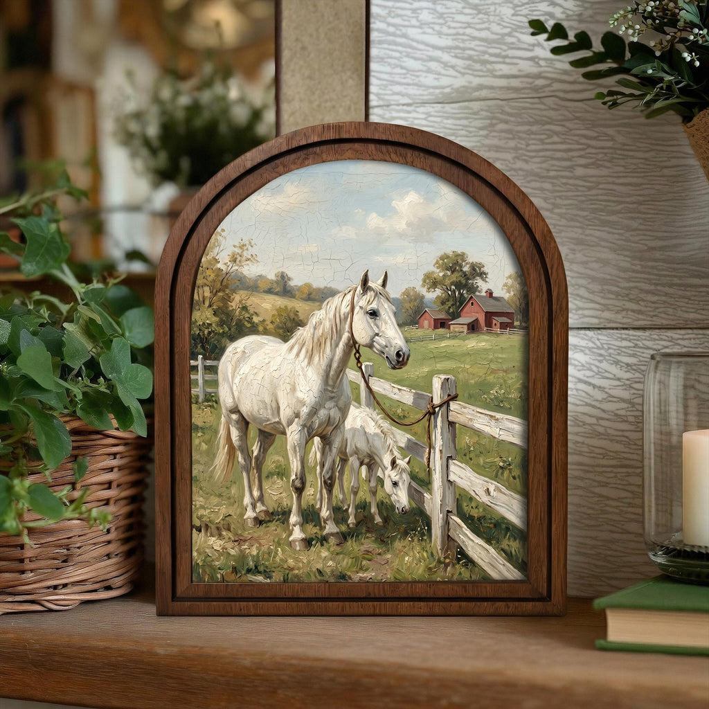 Arched White Horse Frame, Red Barn Ranch Decor, Wooden Horse Art, Rustic Wood Frame, Canvas Farm Art, 3D Layered Frame, Horse Lover Gift