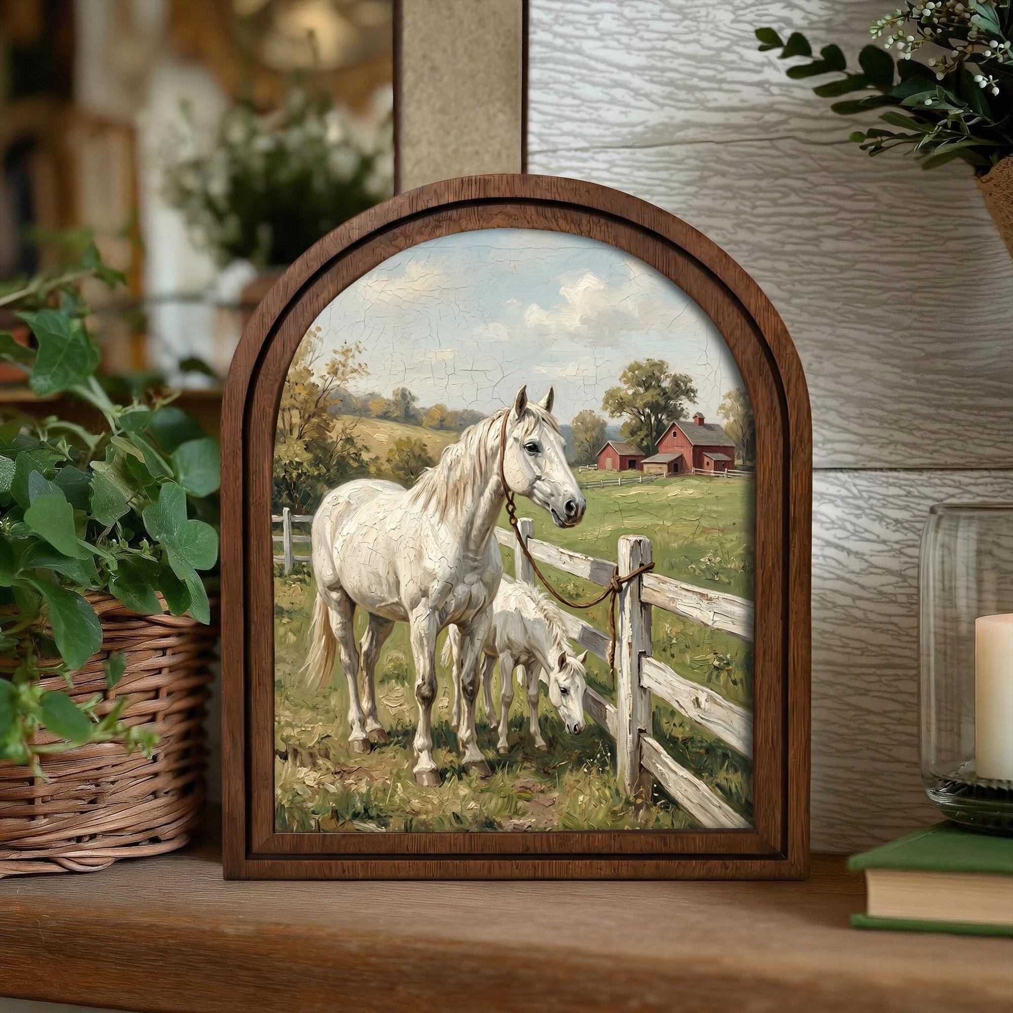 Arched White Horse Frame, Red Barn Ranch Decor, Wooden Horse Art, Rustic Wood Frame, Canvas Farm Art, 3D Layered Frame, Horse Lover Gift