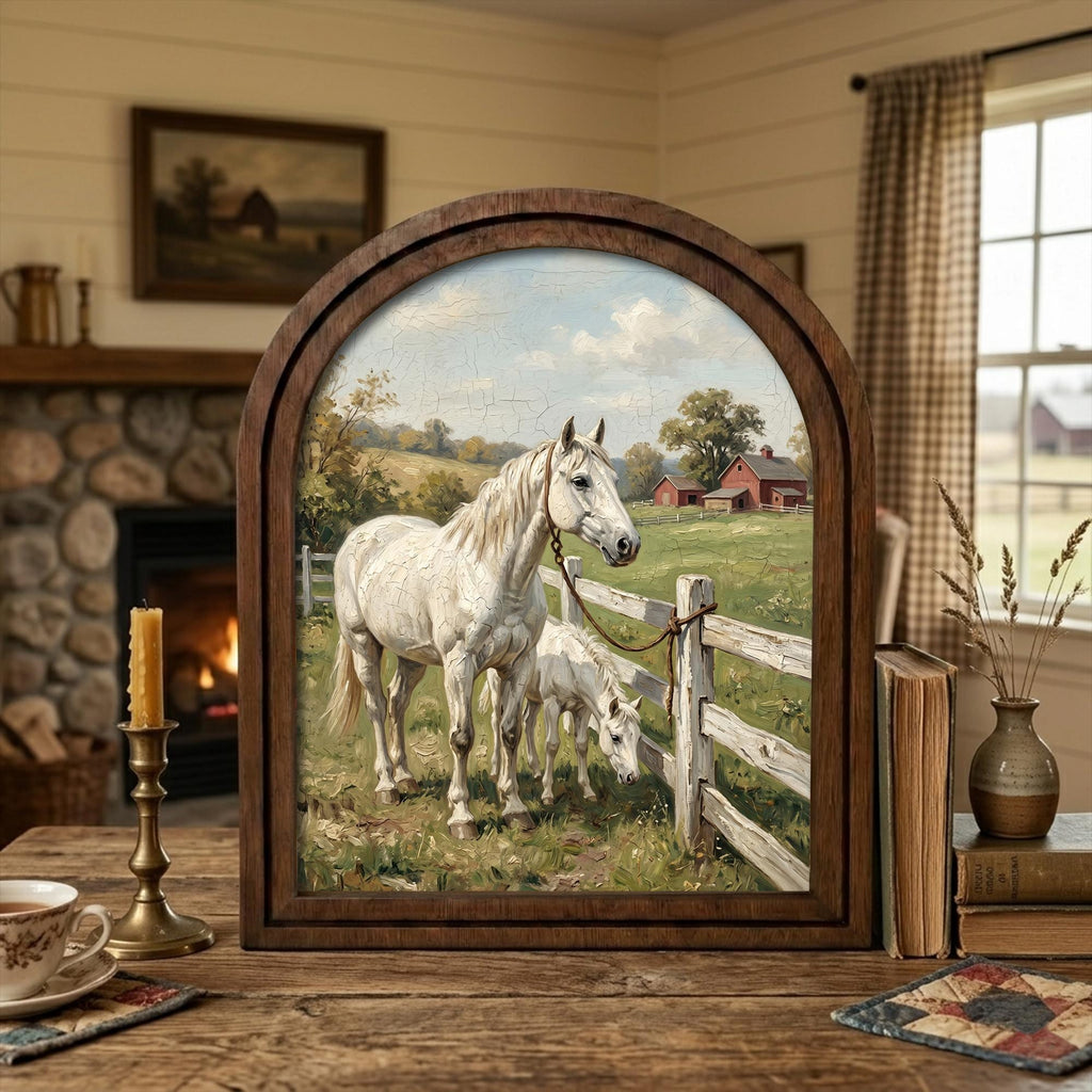 Arched White Horse Frame, Red Barn Ranch Decor, Wooden Horse Art, Rustic Wood Frame, Canvas Farm Art, 3D Layered Frame, Horse Lover Gift