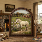 Arched White Horse Frame, Red Barn Ranch Decor, Wooden Horse Art, Rustic Wood Frame, Canvas Farm Art, 3D Layered Frame, Horse Lover Gift