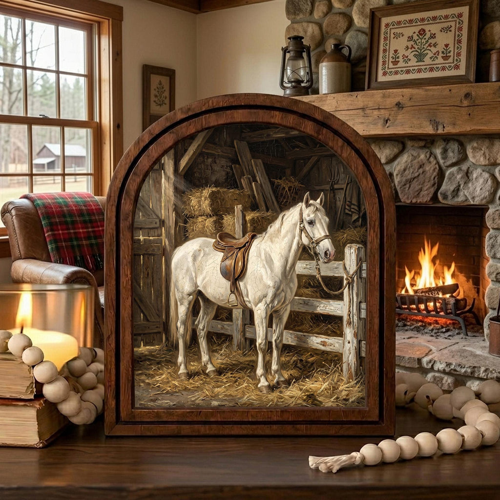 Arched White Horse Frame, Horse Barn Stable Decor, Saddled Horse Art, Rustic Wood Frame, Canvas Farm Art, 3D Layered Frame, Horse Lover Gift