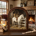 Arched White Horse Frame, Horse Barn Stable Decor, Saddled Horse Art, Rustic Wood Frame, Canvas Farm Art, 3D Layered Frame, Horse Lover Gift