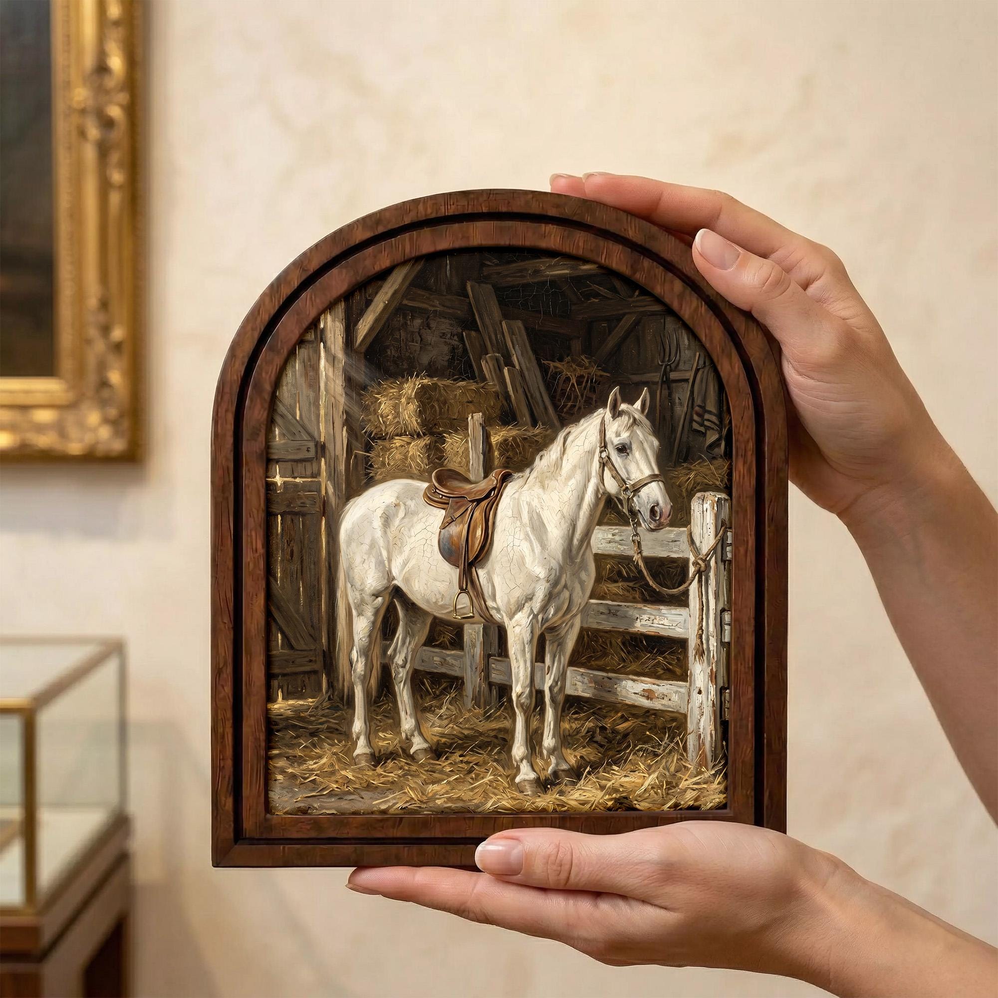 Arched White Horse Frame, Horse Barn Stable Decor, Saddled Horse Art, Rustic Wood Frame, Canvas Farm Art, 3D Layered Frame, Horse Lover Gift