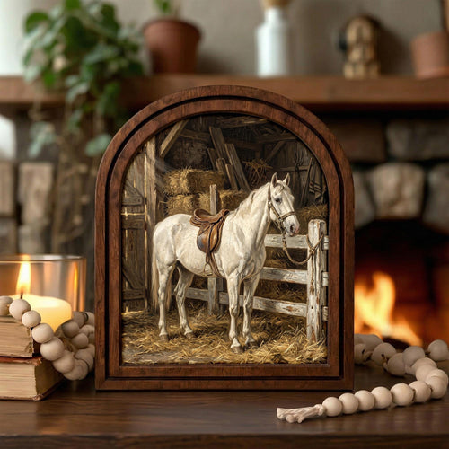 Arched White Horse Frame, Horse Barn Stable Decor, Saddled Horse Art, Rustic Wood Frame, Canvas Farm Art, 3D Layered Frame, Horse Lover Gift