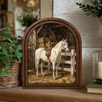 Arched White Horse Frame, Horse Barn Stable Decor, Saddled Horse Art, Rustic Wood Frame, Canvas Farm Art, 3D Layered Frame, Horse Lover Gift