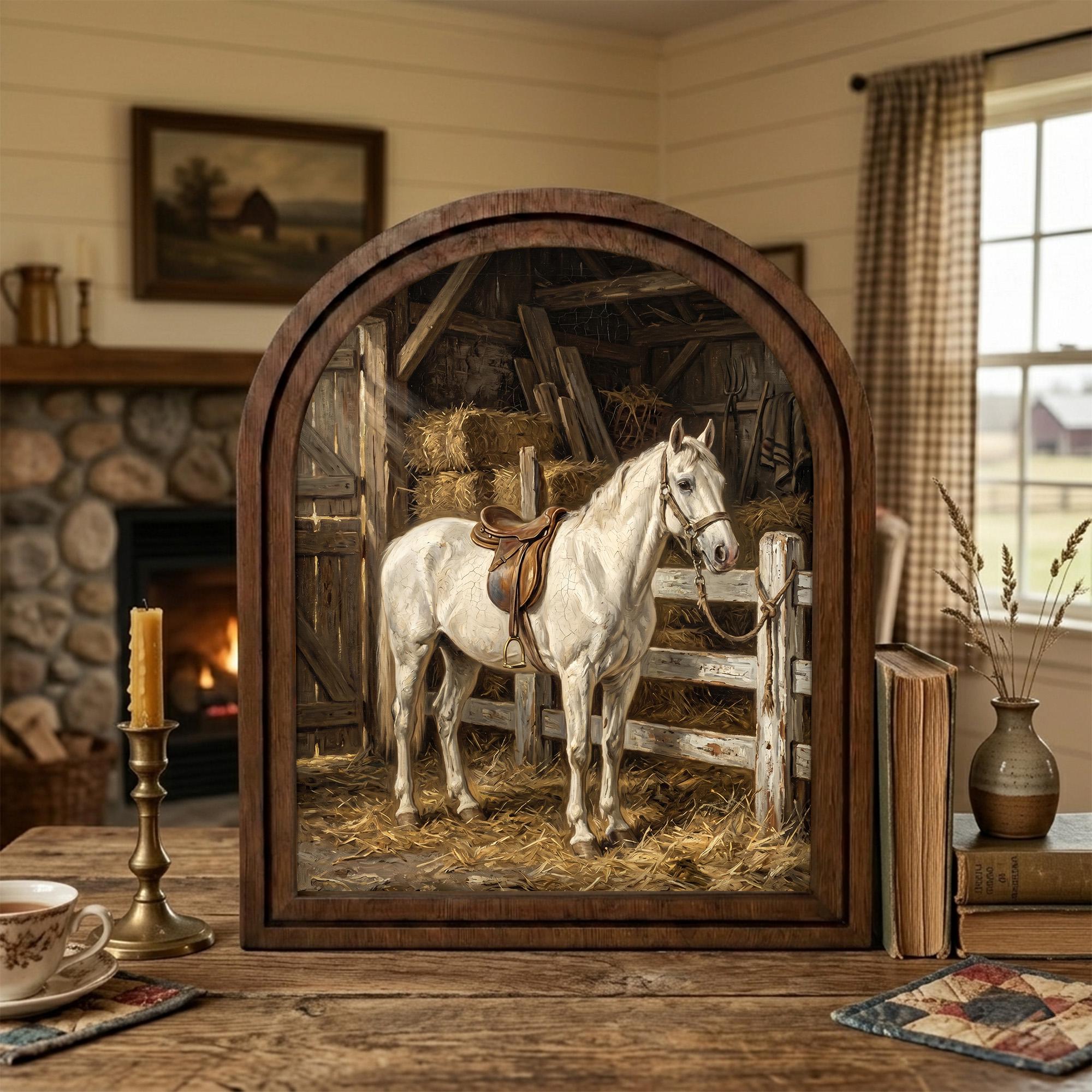Arched White Horse Frame, Horse Barn Stable Decor, Saddled Horse Art, Rustic Wood Frame, Canvas Farm Art, 3D Layered Frame, Horse Lover Gift