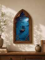 Celestial Sailing Ship Gothic Arch Wall Art, Fantasy Ocean Window Decor, Cosmic Sea Voyage Artwork, Dark Academia Decor