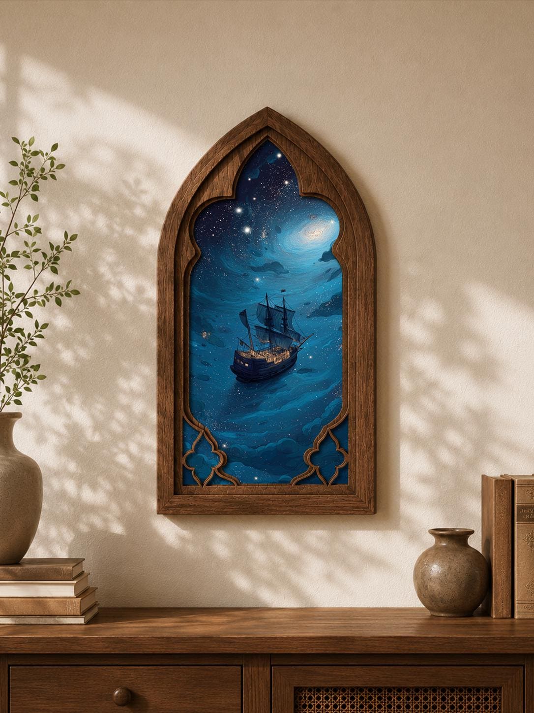 Celestial Sailing Ship Gothic Arch Wall Art, Fantasy Ocean Window Decor, Cosmic Sea Voyage Artwork, Dark Academia Decor