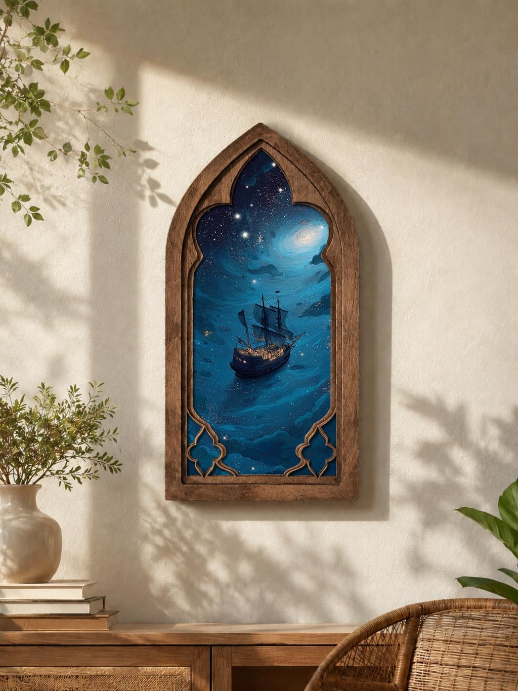 Celestial Sailing Ship Gothic Arch Wall Art, Fantasy Ocean Window Decor, Cosmic Sea Voyage Artwork, Dark Academia Decor