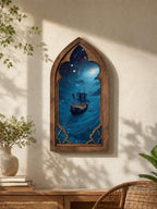 Celestial Sailing Ship Gothic Arch Wall Art, Fantasy Ocean Window Decor, Cosmic Sea Voyage Artwork, Dark Academia Decor