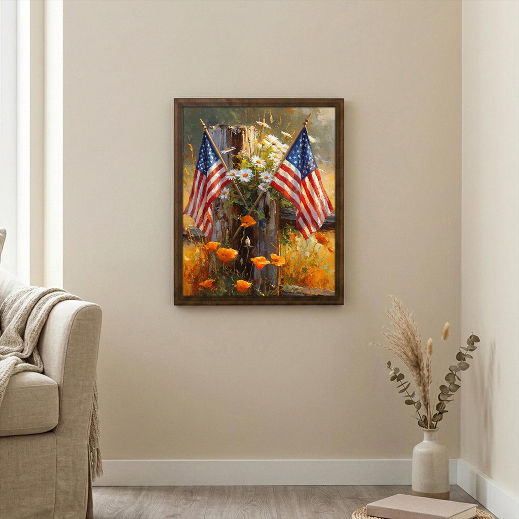 American Flag Print, 4th of July Decor, Patriotic Flower Art, Americana Oil Painting, Wildflower Wall Art, Rectangle Wood Frame,Veteran Gift