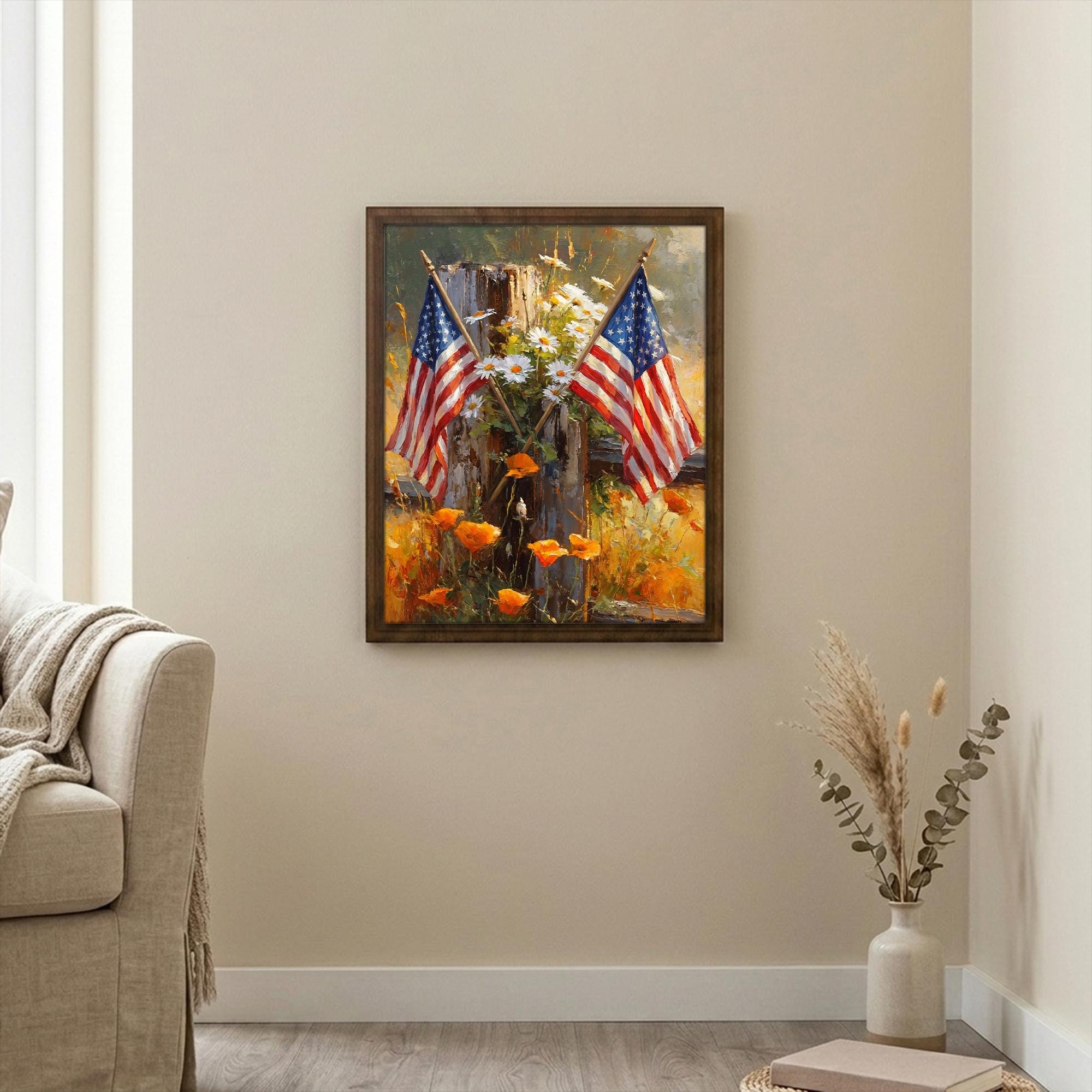 American Flag Print, 4th of July Decor, Patriotic Flower Art, Americana Oil Painting, Wildflower Wall Art, Rectangle Wood Frame,Veteran Gift