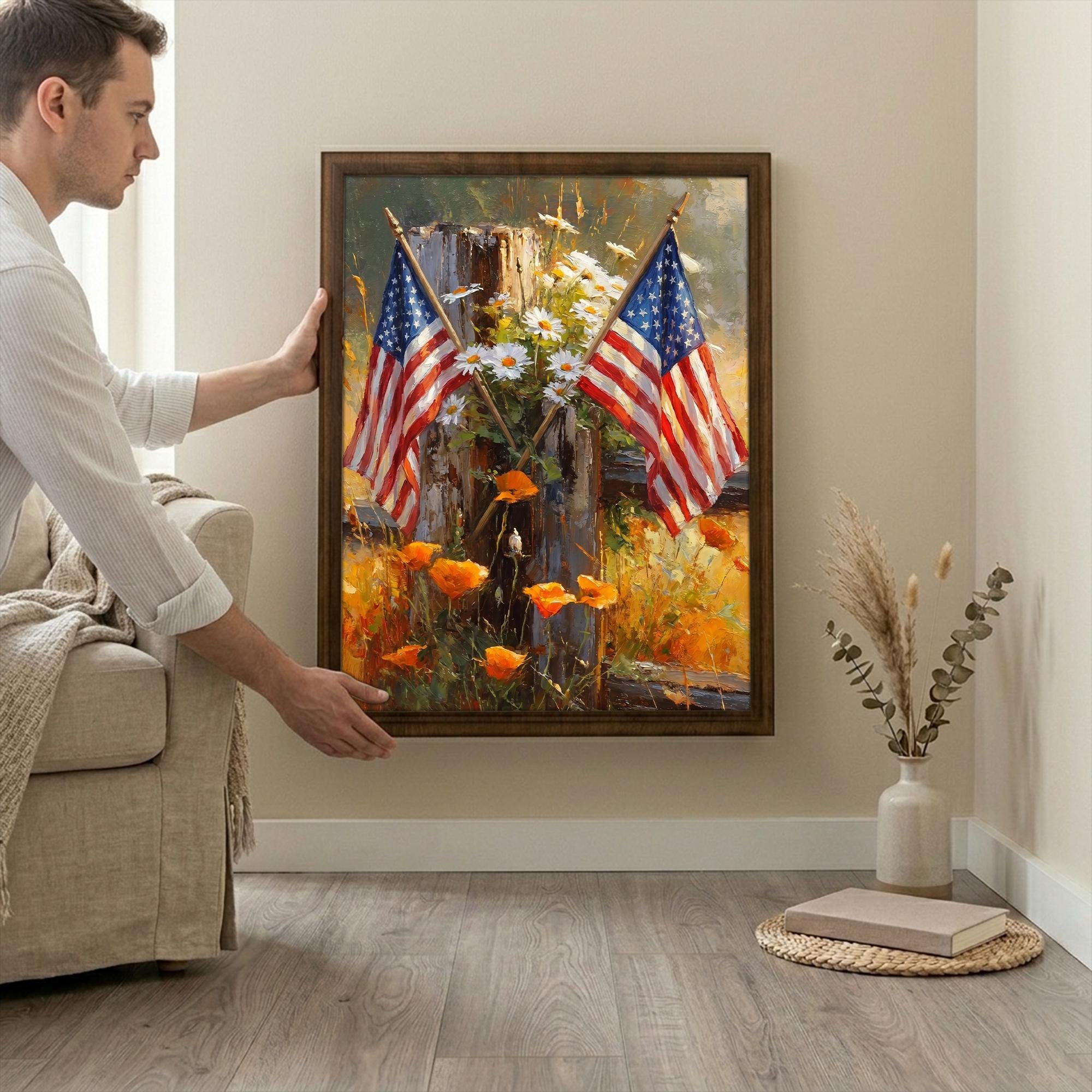 American Flag Print, 4th of July Decor, Patriotic Flower Art, Americana Oil Painting, Wildflower Wall Art, Rectangle Wood Frame,Veteran Gift