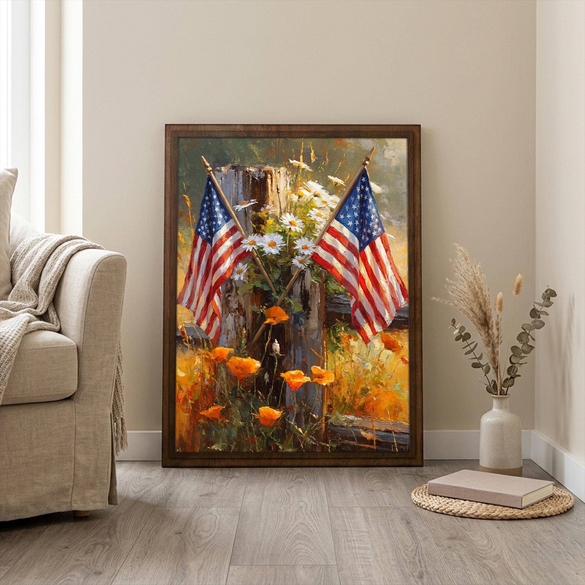 American Flag Print, 4th of July Decor, Patriotic Flower Art, Americana Oil Painting, Wildflower Wall Art, Rectangle Wood Frame,Veteran Gift