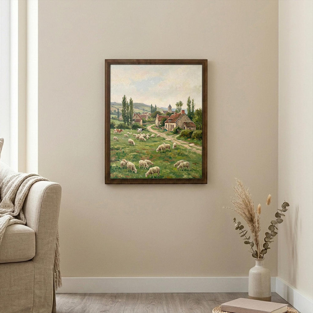 European Countryside, Sheep Oil Painting, Rectangle Wood Frame, Pastoral Canvas Print, Country Landscape, Framed Art Gift, Vintage Decor