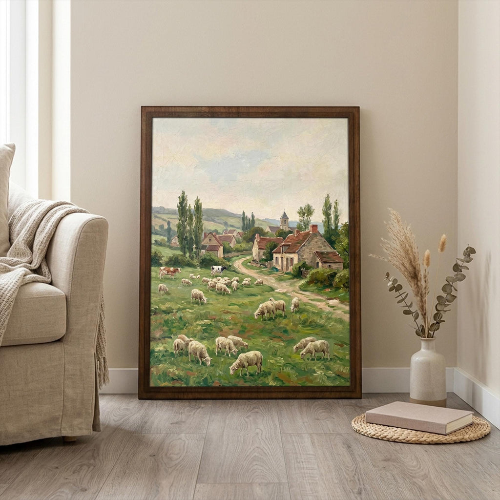 European Countryside, Sheep Oil Painting, Rectangle Wood Frame, Pastoral Canvas Print, Country Landscape, Framed Art Gift, Vintage Decor