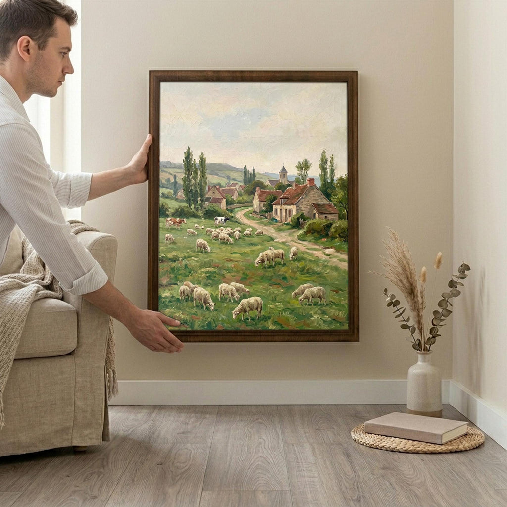 European Countryside, Sheep Oil Painting, Rectangle Wood Frame, Pastoral Canvas Print, Country Landscape, Framed Art Gift, Vintage Decor