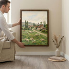 European Countryside, Sheep Oil Painting, Rectangle Wood Frame, Pastoral Canvas Print, Country Landscape, Framed Art Gift, Vintage Decor