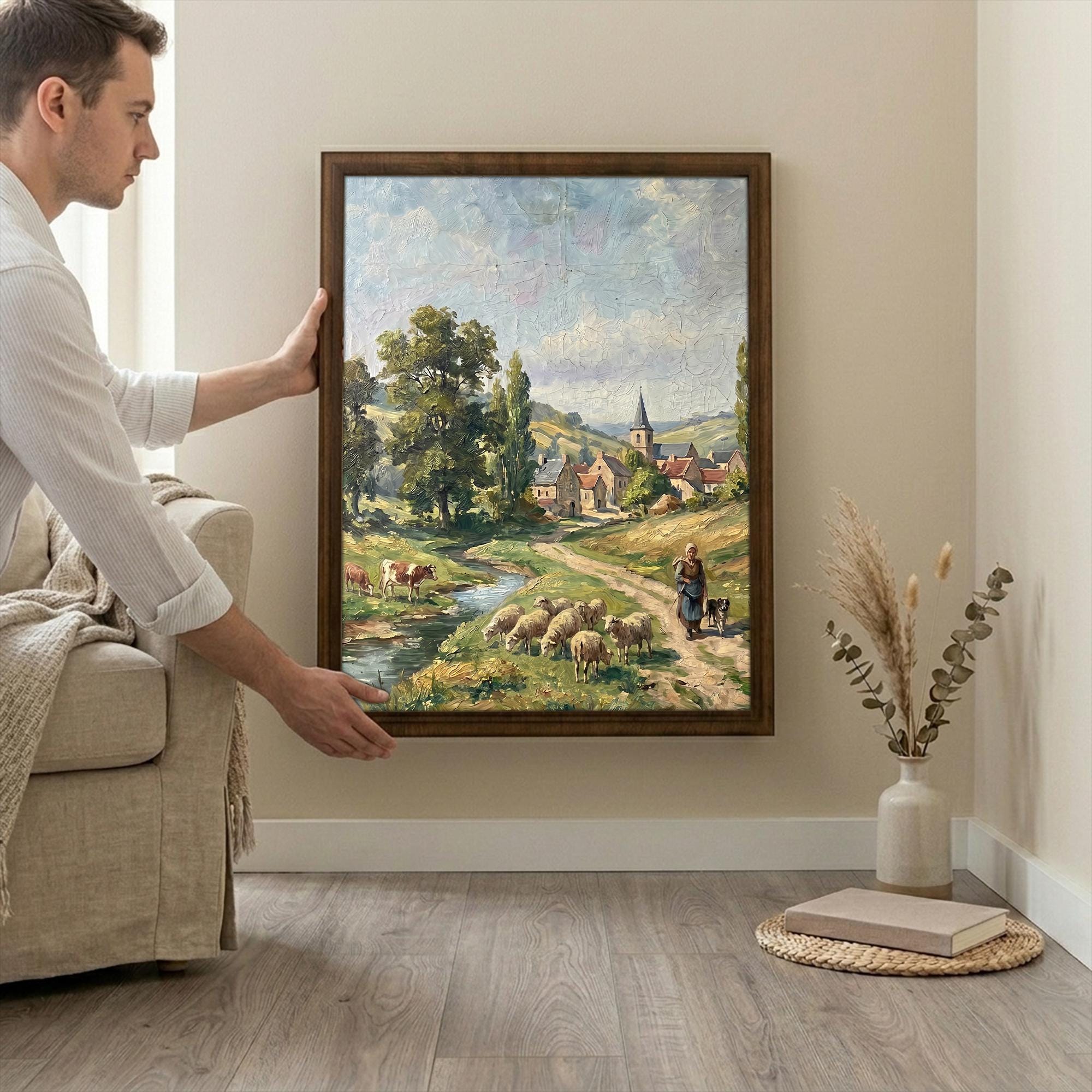 European Countryside, Sheep Oil Painting, Rectangle Wood Frame, Pastoral Canvas Print, Country Landscape, Framed Art Gift, Vintage Decor