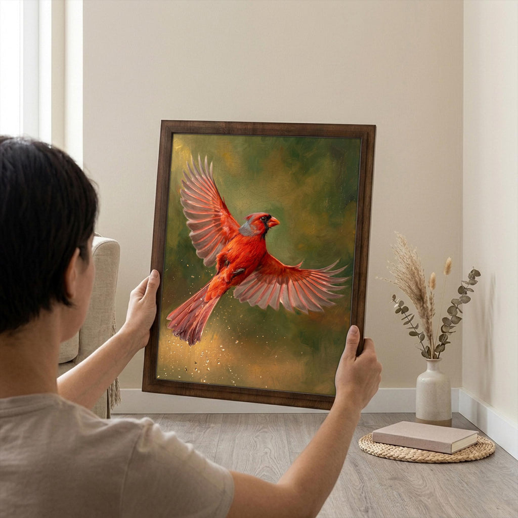 Red Cardinal Print, Cardinal Bird Art, Rectangle Wood Frame, Wildlife Oil Painting, Cardinal Remembrance, Framed Canvas Art, Vintage Decor