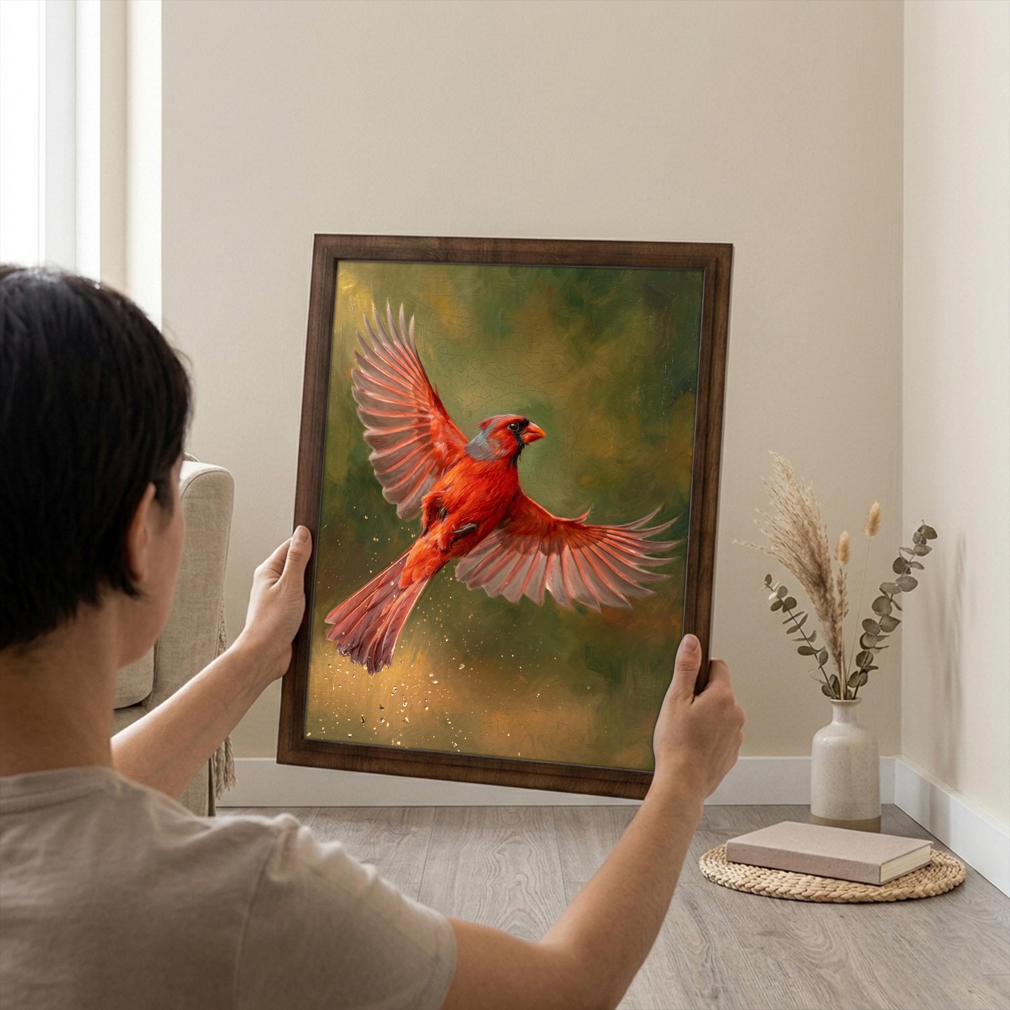Red Cardinal Print, Cardinal Bird Art, Rectangle Wood Frame, Wildlife Oil Painting, Cardinal Remembrance, Framed Canvas Art, Vintage Decor