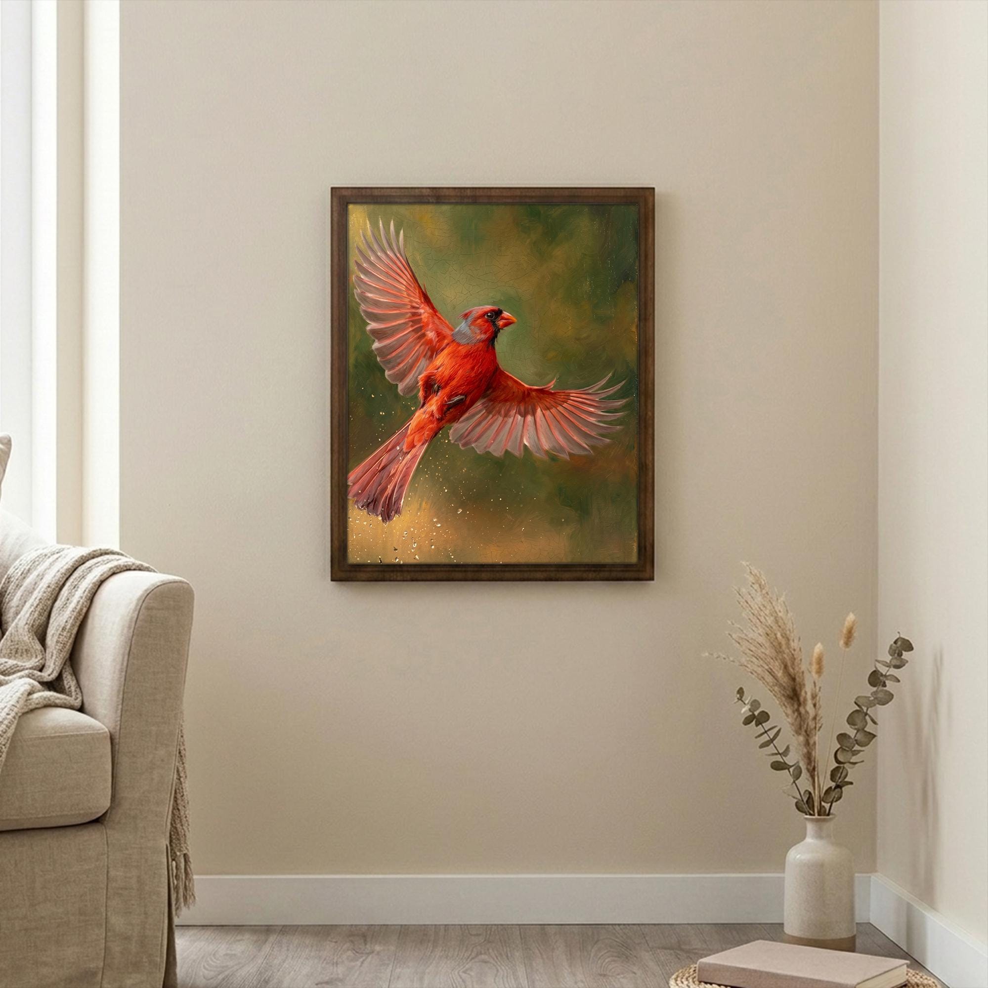 Red Cardinal Print, Cardinal Bird Art, Rectangle Wood Frame, Wildlife Oil Painting, Cardinal Remembrance, Framed Canvas Art, Vintage Decor