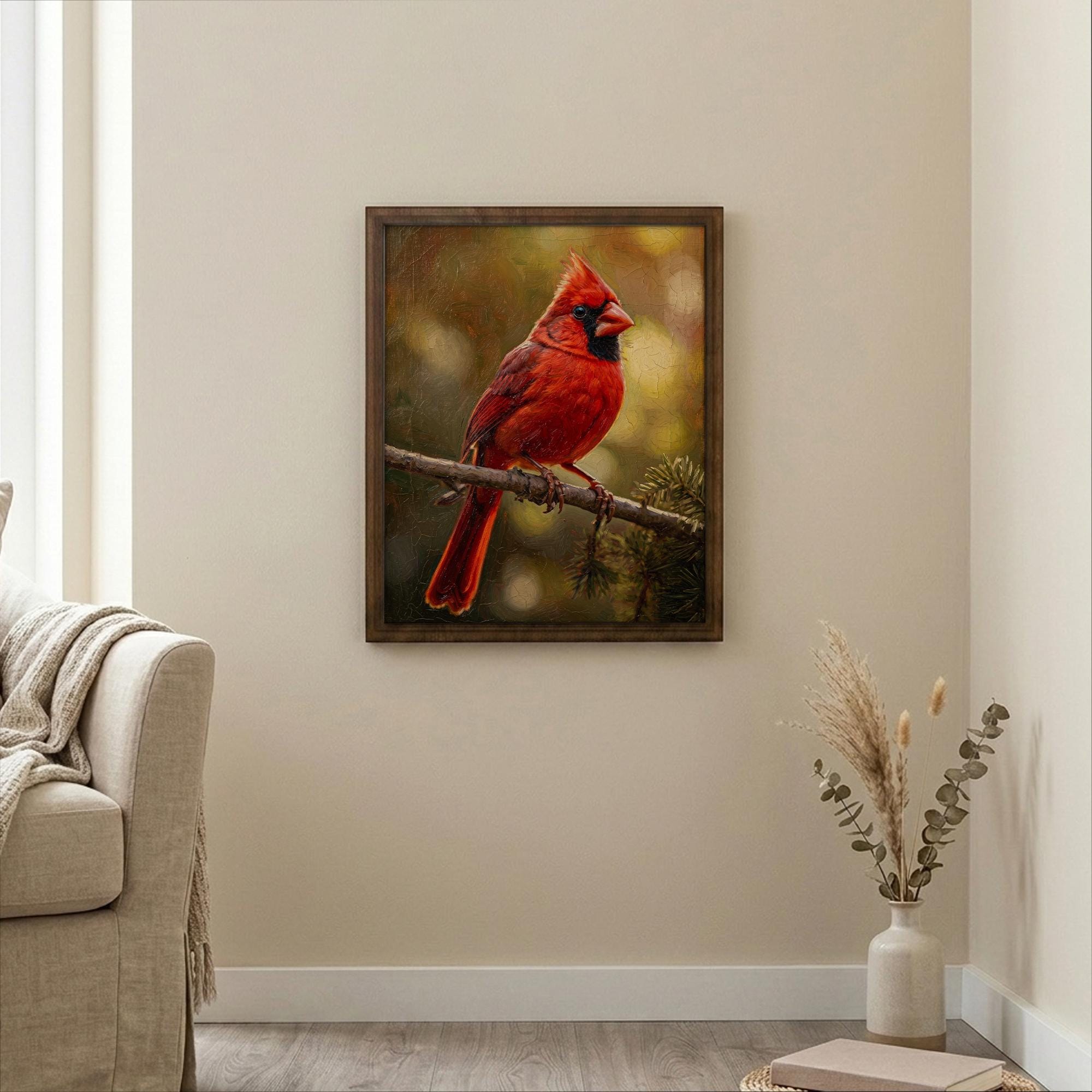 Red Cardinal Print, Cardinal Bird Art, Rectangle Wood Frame, Wildlife Oil Painting, Cardinal Remembrance, Framed Canvas Art, Vintage Decor
