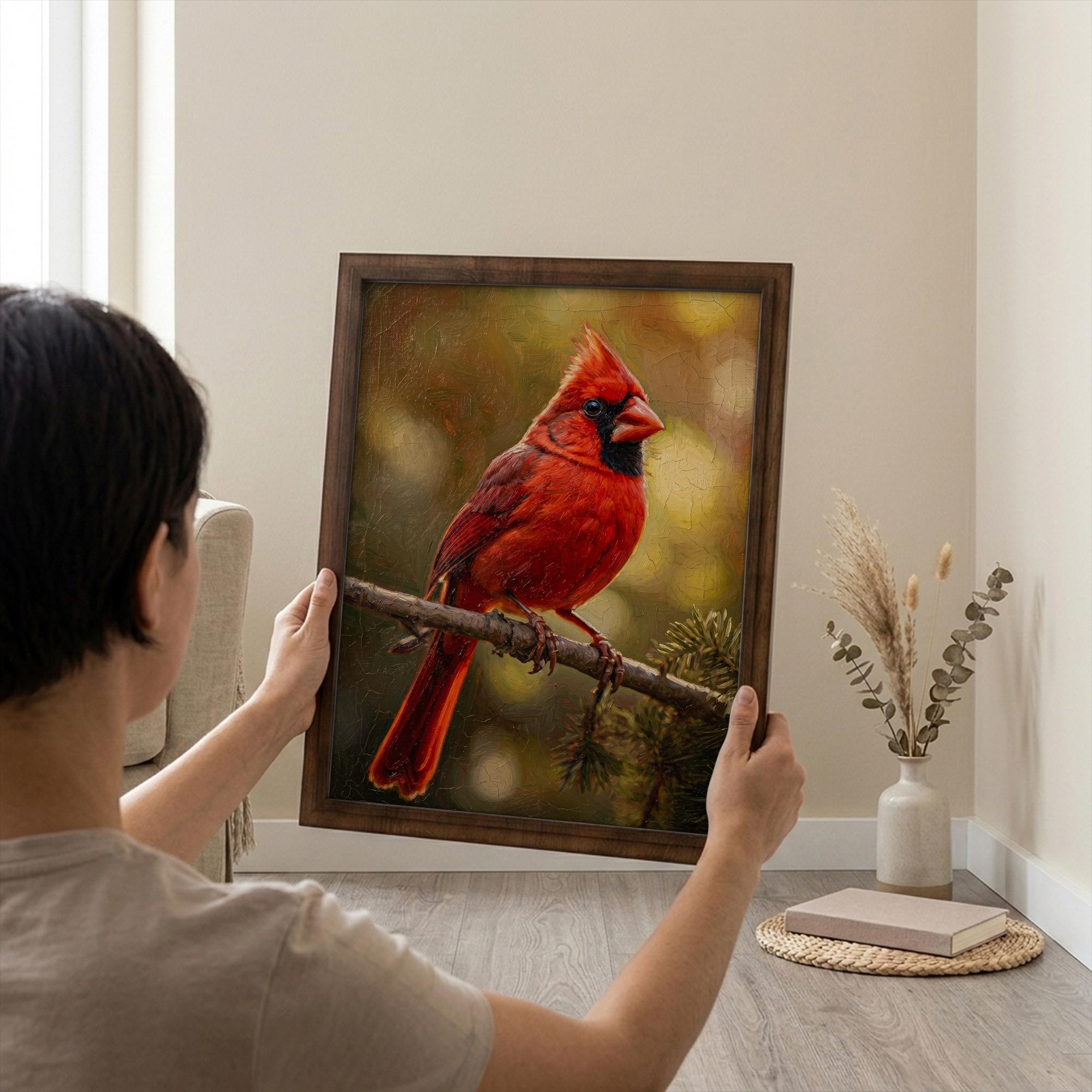 Red Cardinal Print, Cardinal Bird Art, Rectangle Wood Frame, Wildlife Oil Painting, Cardinal Remembrance, Framed Canvas Art, Vintage Decor