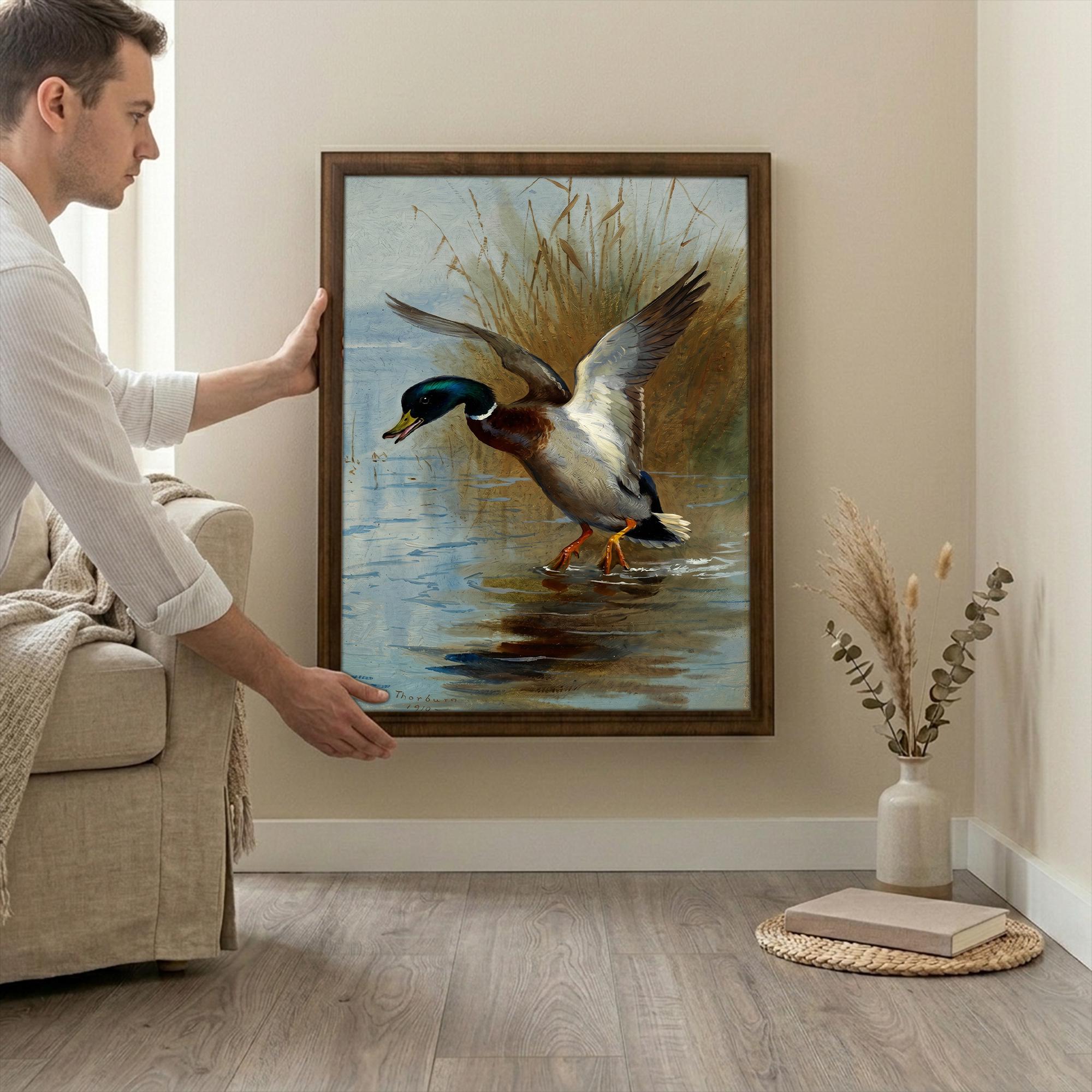 Mallard Duck Print, Hunting Cabin Decor, Rectangle Wood Frame, Wild Duck Art, Wildlife Painting, Framed Canvas Art, Vintage Nature Decor