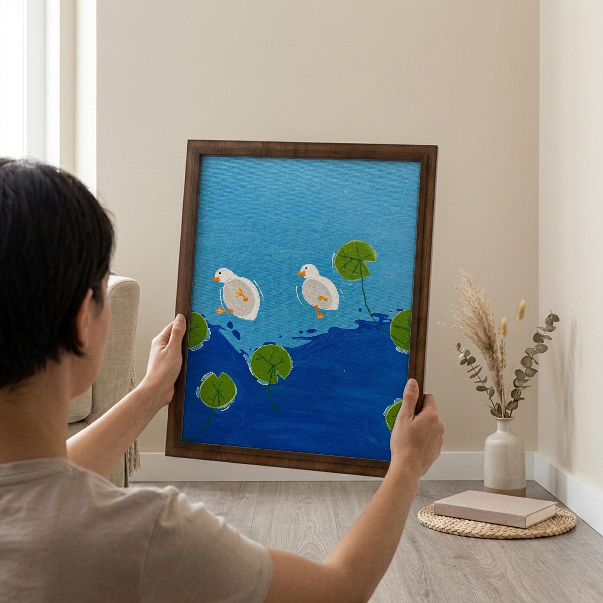 Cute Duck Painting, Nursery Wall Art, Rectangle Wood Frame, Kids Bathroom Decor, Cottagecore Art Print, Framed Canvas, Baby Shower Gift