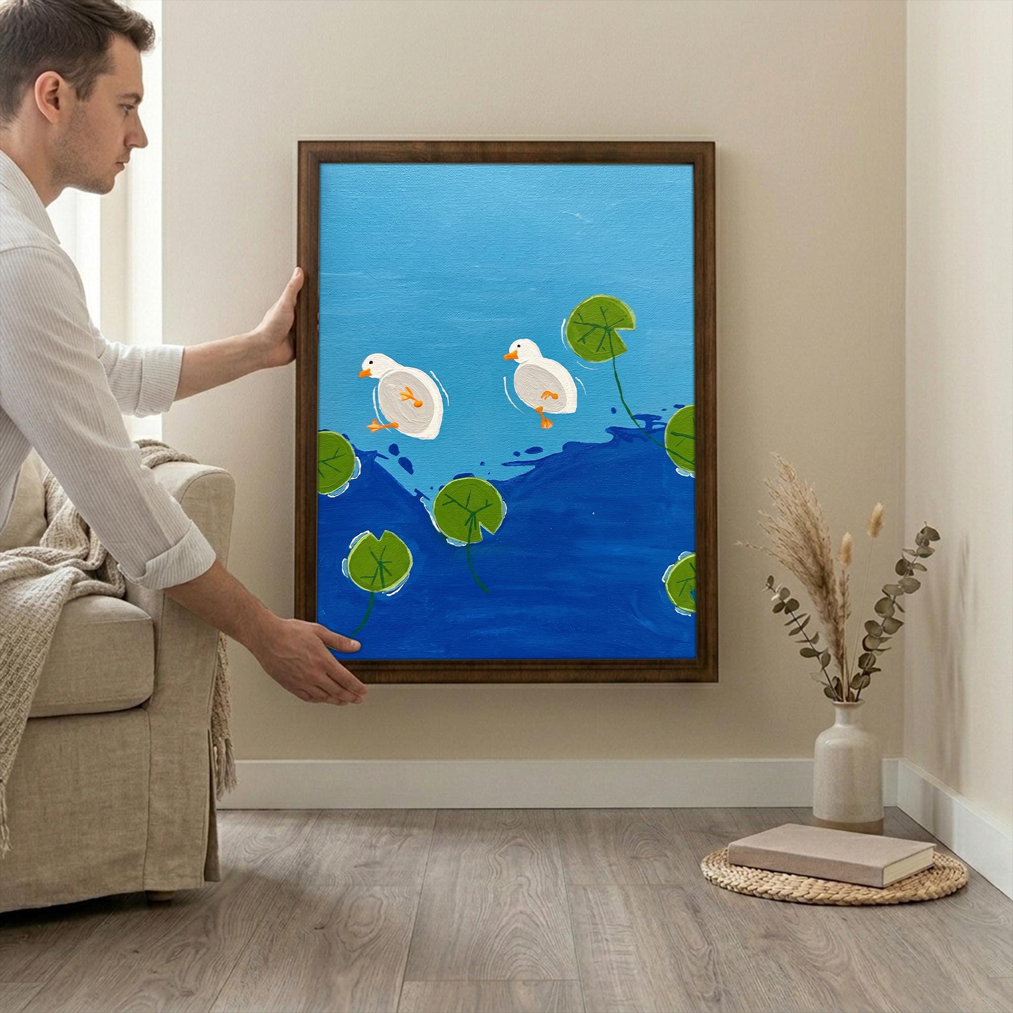 Cute Duck Painting, Nursery Wall Art, Rectangle Wood Frame, Kids Bathroom Decor, Cottagecore Art Print, Framed Canvas, Baby Shower Gift